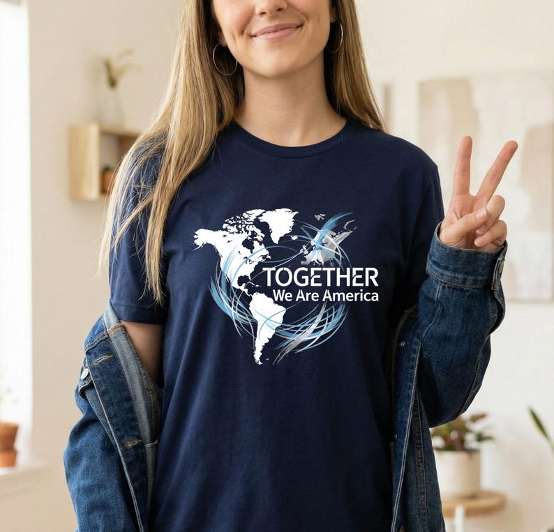 Puede incluir: Camiseta azul marino con un gr&aacute;fico de mapa del mundo blanco y el texto "TOGETHER We Are America". El dise&ntilde;o incluye remolinos azules y un p&aacute;jaro estilizado. La camiseta es de manga corta.