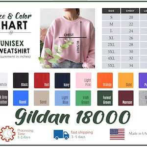 Puede incluir: Una tabla de tallas y colores para una sudadera unisex, con medidas en pulgadas. La tabla incluye tallas S a 5XL, medidas de pecho y largo. Las opciones de color incluyen blanco, negro, rojo, azul marino, rosa claro, naranja, dorado y morado.