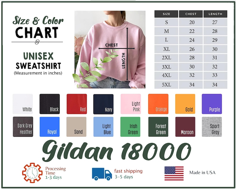 Puede incluir: Una tabla de tallas y colores para una sudadera unisex, con medidas en pulgadas. La tabla incluye tallas S a 5XL, medidas de pecho y largo. Las opciones de color incluyen blanco, negro, rojo, azul marino, rosa claro, naranja, dorado y morado.