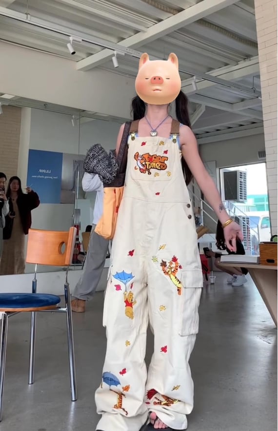 Retro Embroidered Cartoon Overalls, Vintage Denim Overalls