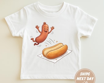 Funny Jumping Hot Dog Shirt, Cute Cartoon Sausage And Bun Shirt, Kawaii Food Lover Kids Gift Shirt