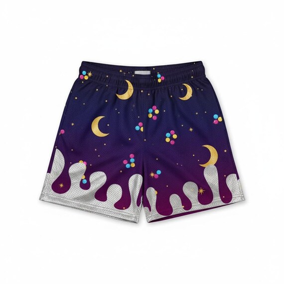 Moon Stars Night Baseball Shorts, Purple Galaxy Print Athletic