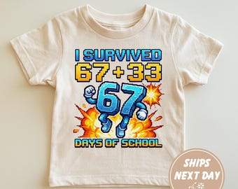 I Survived 67+33 Days Of School Brainrot T-Shirt, Cute Math And Sports Supplies Shirt, 67+33 Math Style With Sports And School Shirt For Kid