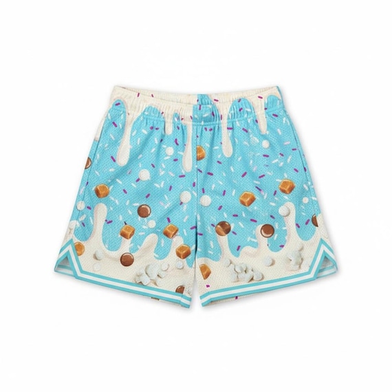 Ice Cream Drip Shorts, Blue Candy Print Athletic Shorts, Fun