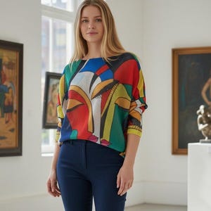 Italian Art Print Batwing Jumper: Colorful Net Pullover