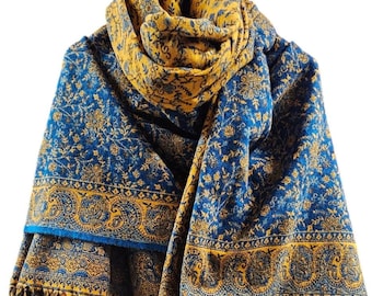 Blue yellow Yak wool shawl Handmade scarf gift for her him Christmas gift womens shawl evening wrap blanket decoration