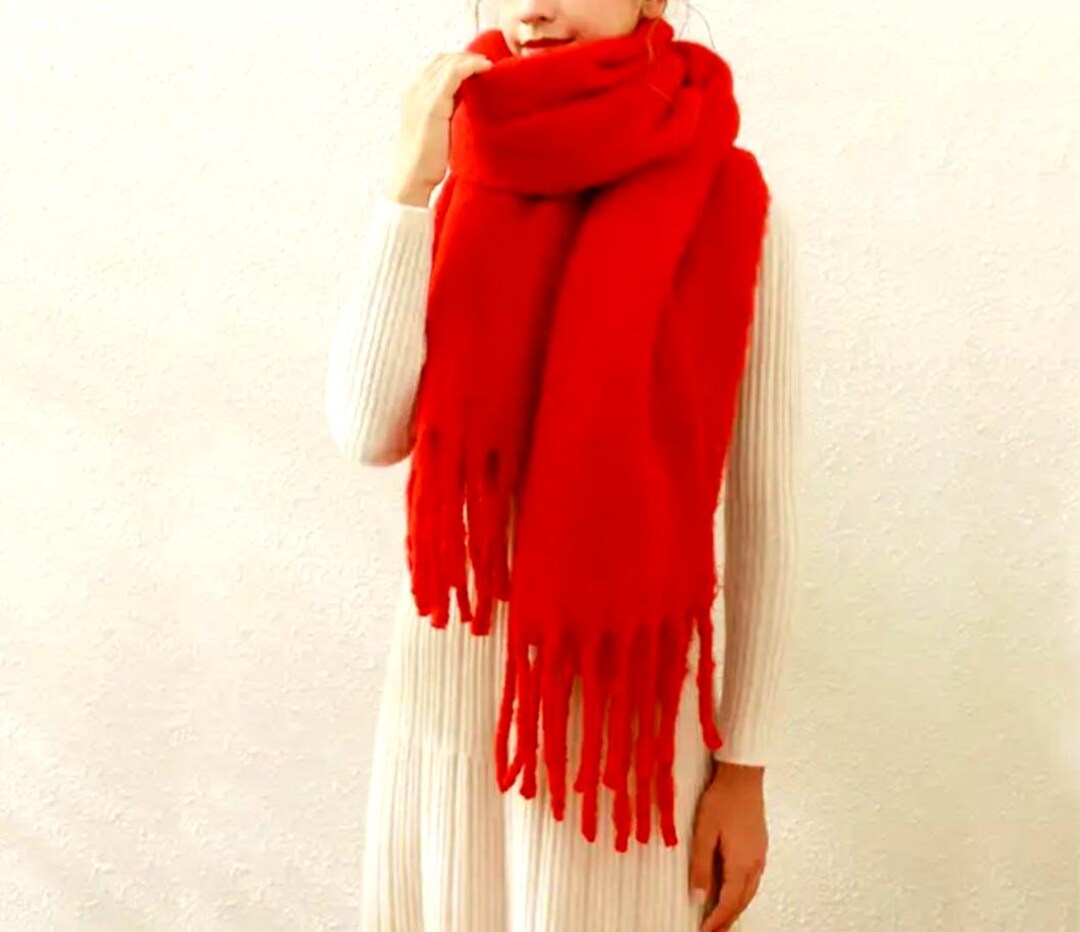 Chunky Red Knit Scarf | Extra Long Oversized Tassel Shawl | Soft Cozy ...