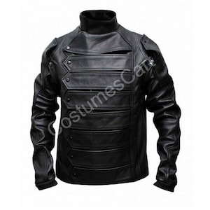 May include: Black leather jacket with a high collar and multiple horizontal panels across the chest. The jacket features button and zipper details, with a fitted silhouette and long sleeves. The overall design is sleek and modern.