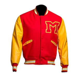 May include: A red and yellow varsity jacket with the letter "M" in yellow on the chest. The jacket has yellow sleeves, a white and yellow striped collar, cuffs, and waistband. The jacket has a button-up front and two front pockets.