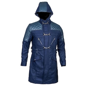 May include: A navy blue hooded coat with quilted shoulder and hood accents. The coat features a front zipper closure, multiple pockets, and decorative metal clasps. A stylish outerwear option.