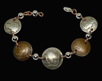 Assorted Coin Bracelet. Authentic Buffalo Nickel, Indian Head Pennies, Wheat Pennies and Mercury Dimes Bracelet. Southwest Bracelet.