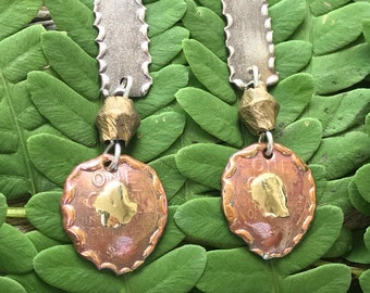 Mother’s Day Gift Coin Jewelry Tri-Metal Earrings/Copper Penny and Sterling Silver Earrings/Brass, Copper and Sterling Earrings/Unique