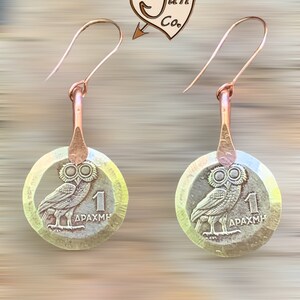 Coin Greek Owl Earrings/Drachma Earrings with Goddess of Wisdom/Greek Coin Earrings/Handmade Owl Earrings/Unique Owl Earrings/Clip Ons
