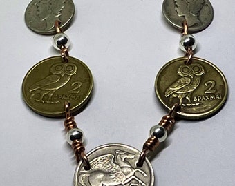 Ancient Greek Coin Necklace/Greek Goddess of Wisdom Coin/Drachma Jewelry/United States Dime/Pegasus Horse/Owl Jewelry
