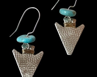 Sterling Silver Arrowhead Earrings. Turquoise Arrowheads. Native American Jewelry. Designer Indian Jewelry. Light Weight Earrings.