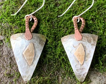 Christmas Tri-metal Earrings/Handmade Silver, Brass and Copper Earrings/Light Weight Earrings/Unique Earrings for Mother’s Day/Clip-Ons