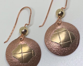 Christmas Copper,Brass Gold Free Form Earrings/Handmade Copper Earrings/Light Weight Earrings/Unique Tri-Metal Earrings/Designer Clip Ons