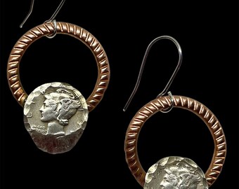 Silber Dime Ohrringe mit Kupfer. Weihnachtsgeschenk Ohrringe von Grund auf neu. Kupfer und Silber Schmuck. Designer Ohrringe.