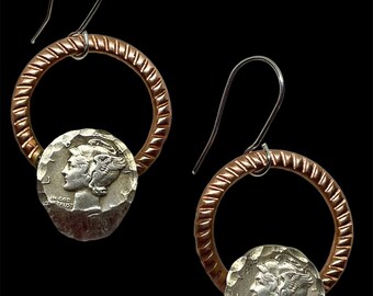 Silver Dime Earrings with Copper. Christmas Gift Earrings Made From Scratch. Copper and Silver Jewelry. Designer Earrings.