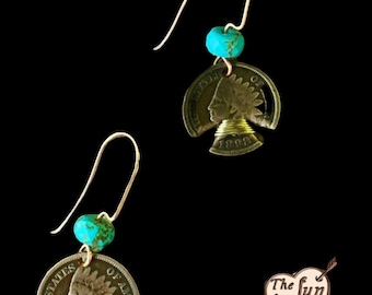 Coin Jewelry/Unique Torquoise Earrings/Handmade Southwestern Indian Handmade Penny Earrings/Copper Earrings with Turquoise/Gift For Her