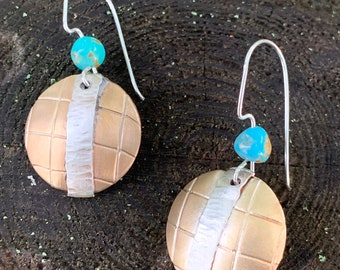 Brass, Silver and Turquoise Earrings/Light Weight Earrings/Mother’s Day Earrings/Designer Earrings/Southwestern Turquoise Earrings/Clip Ons