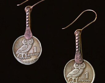 Coin Jewelry/Stunning Owl Earrings/Brass Earrings with Owl/Greek Earrings/Handmade Brass Earrings/Wise Old Own Earrings/Owls Earrings
