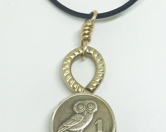 Coin Jewelry/Greek Drachma Owl Necklace/Handmade Brass Coin Earrings/Coin Necklace with Owl/Goddess of Wisdom Necklace/Brass Owl Necklace