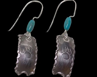 Sterling Silver Bear Paw Earrings. Rustic Bear Paw Earrings/Handmade Silver Bear Paw Earrings/Turquoise and Silver Bear Paw Earrings