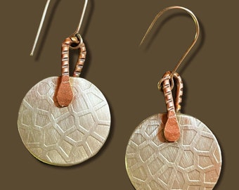 Silver and Copper Patterned Earrings/Animal Print Silver Pattern/Unique Animal Design Jewelry/Copper Jewelry/Light Weight Earrings/Clip Ons