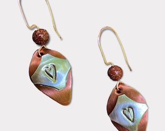 Silver Heart Earrings. Copper Light Weight Earrings With A Design. Handmade Heart Jewelry. Designer Jewelry.