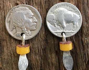 Coin Jewelry/Stunning Nickel Earrings with Silver Feather Earrings/Nickel Earrings on Post or Clip Ons.Earrings for her/Gifts under 30
