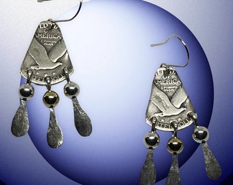 Coin Earrings. Silver Standing Liberty Quarter Earrings. Handmade Earrings With Silver Feathers. Designer Earrings for Mother’s Day.
