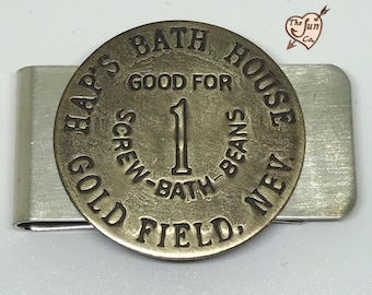 Money Clip with Brothel Token/Hap’s Bath House Screw/Bath, Beans Unique Sex/Handmade Money Clip/Men’s Gifts/Men’s Accessories/Brass Clip