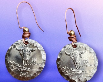 Hammered Montana Quarter Earrings. Bison Head Earrings. Southwestern Cowgirl Earrings. Copper and Gold Earrings with a Coin. Bison Skull.