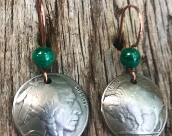 Native American Jewelry/Buffalo Nickel Earrings/Nickel Earrings with Malichite Beads/Unique Earrings with Malichite/Indian Earrings