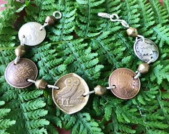 Bijoux de pièces de monnaie American Coin Bracelet avec Owl Coin.Owl Bracelet avec des pièces d’argent. Vieux BRACLET US Coin. Bracelet Athena.