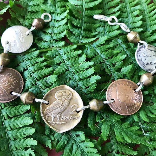 Coin Jewelry American Coin Bracelet with Owl Coin.Owl Bracelet with Coins from Silver. Old US Coin Braclet. Athena Bracelet.