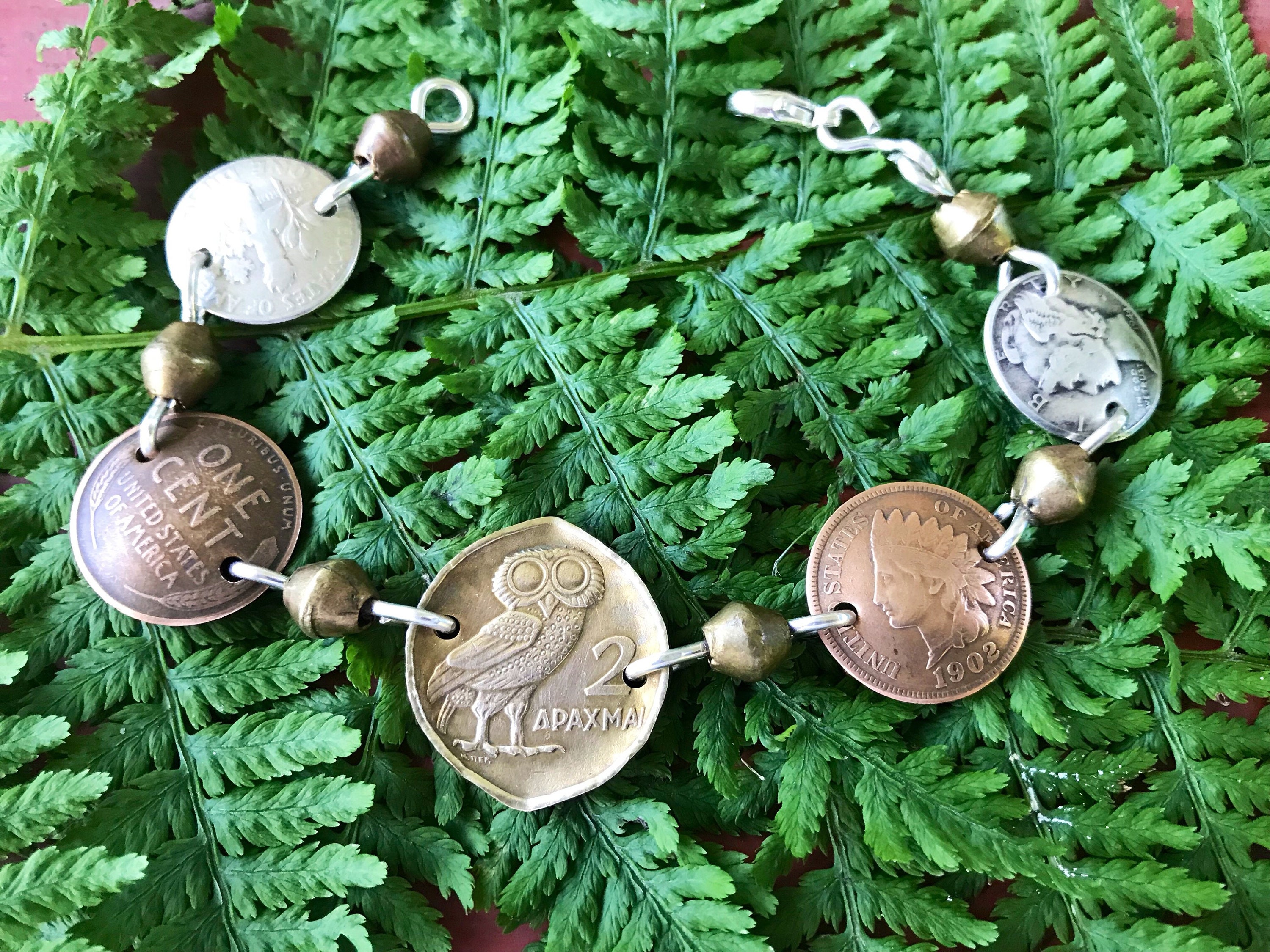Coin Jewelry American Coin Bracelet with Owl Coin.Owl Bracelet with Coins from Silver. Old US Coin B