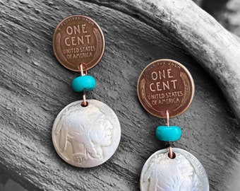 Gift for Christmas Day. Handmade Southwestern Earrings. Coin Earrings with Buffalo Nickels. Turquoise Earrings with Pennies. Clip Ons.