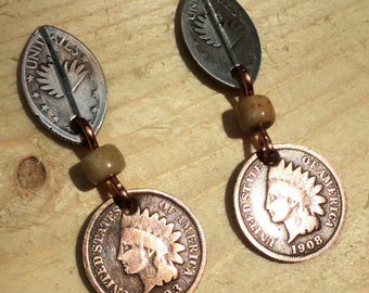 Coin Round Penny Earrings with Angel Wings/Southwestern Clips Earrings/Copper Penny Earrings/Unique Earrings/Designer Earrings Handmade