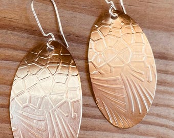 Lightweight Brass Patterned Earrings. Handmade Funky Earrings. Big Brass Earrings. Designer jewelry handmade in the USA. Beautiful Dangles.