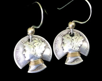 Coin Jewelry/Silver  Dime Earrings with Gold/Mercury Dime Earrings with Gold Choker/Handmade Clip On Earrings/Dime Earrings for Mother.