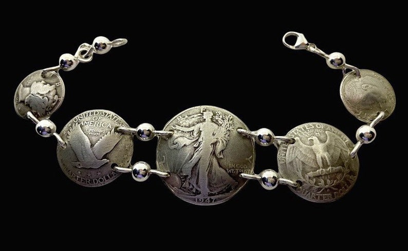 Silver Coin Bracelet. Walking Liberty Coin Jewelry. All Silver Bracelet for Mother Eagle Bracelet. Dime Bracelet. Authentic Coin Jewelry image 1