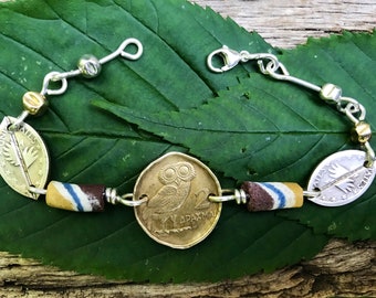 Coin Jewelry/Unique Greek Bracelet/Owl Bracelet with Angel Wings/Handmade Greek Coin Bracelet/Goddess Bracelet for Mom/Gift of Love for mom