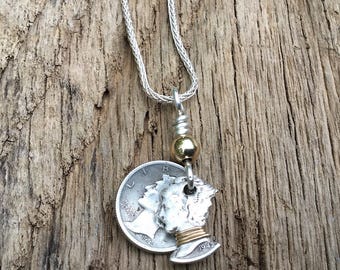 Coin Necklace/Stunning  Dime Necklace/Mercury Dime Necklace/Double Dime Necklace/3D Necklace/Gift for Her/Silver Necklace for Her