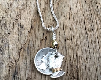 Coin Necklace/Stunning  Dime Necklace/Mercury Dime Necklace/Double Dime Necklace/3D Necklace/Gift for Her/Silver Necklace for Her