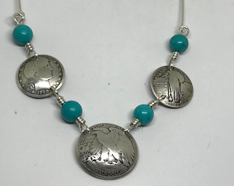 Coin Jewelry gift/Stunning Silver Necklace/Tour De Force Silver Coin Necklace/Old American Coin Necklace with Turquoise Southwestern