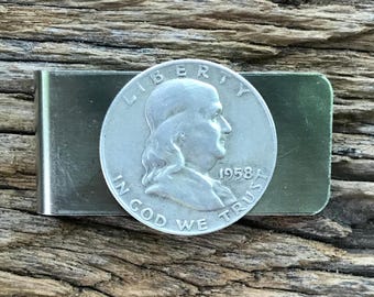 Silver Money Clip/Half Dollar/In God We Trust/Handmade Jewelry/Franklin Dollar/Father’s Day Jewelry/Vintage Coin/Men’s Wallet/Coin