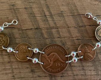 Australian Penny Bracelet with American Pennies. Copper Coin Bracelet. Handmade Coin Bracelet. Kangaroo Coin Bracelet.