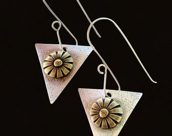 Sterling and Brass Flower Earrings/Handmade Earrings with Brass/One of a Kind Earrings/Unique Silver Earrings/Flowers